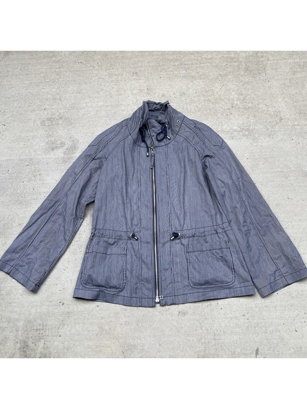 Lafayette 148 Jacket Coat Size S Blue Striped Cotton Blend Belted Tie Zip Front
